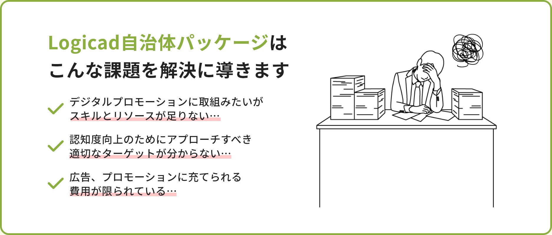 Logicad自治体パッケージはこんな課題を解決に導きます デジタルプロモーションに取組みたいがスキルとリソースが足りない… 認知度向上のためにアプローチすべき適切なターゲットが分からない… 広告、プロモーションに充てられる費用が限られている…